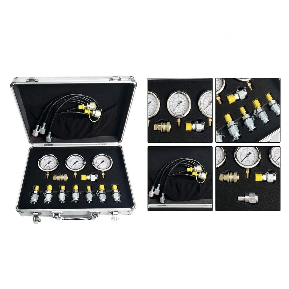 Hydraulic Test Kit for Heavy Equipment Including Excavators Compressors and Hydraulic Presses with 3 Gauges and 9 Fittings