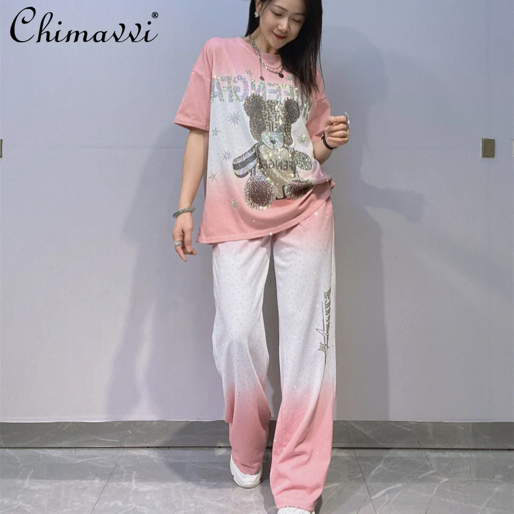 

Fashion Gradient Color Long Pants Oversized Set Women Fashion Rhinestone Round Neck Short Sleeve T-Shirt Wide Leg Pants 2Piece
