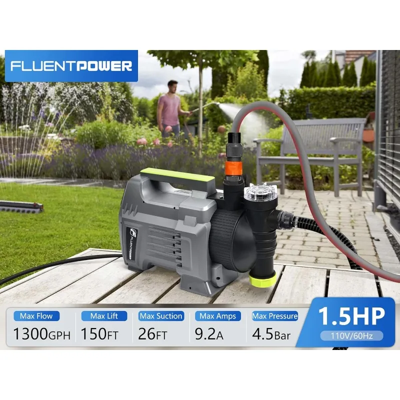 Automatic Garden Booster Pump with Integrated Prefilter, 1300GPH, Lift 150FT, Portable Shallow Well Jet Pump