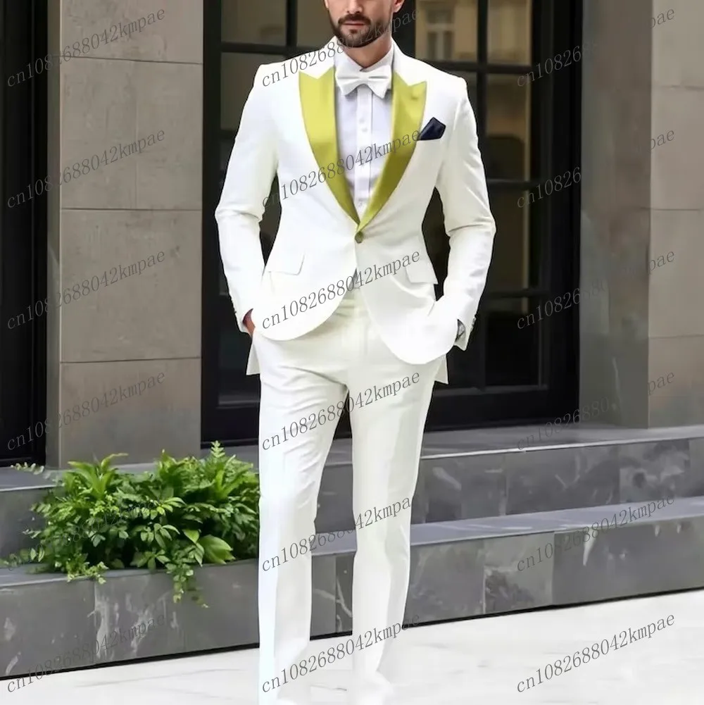 

New Gold Collar White Men Suit Formal Occasion Groom Groomsman Wedding Party Prom Male Business Tuxedos 2 Piece Blazer Pants