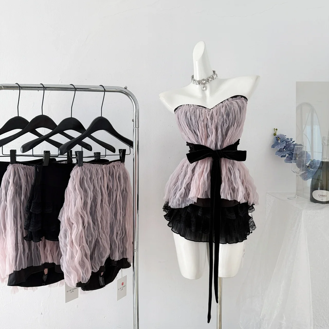 Two 2 Piece Skirt Tops Sets Women Sexy Party Strapless Tube Tops Ruffles Lace Mini Skirt with Shorts Evening Bandage Mesh Tops