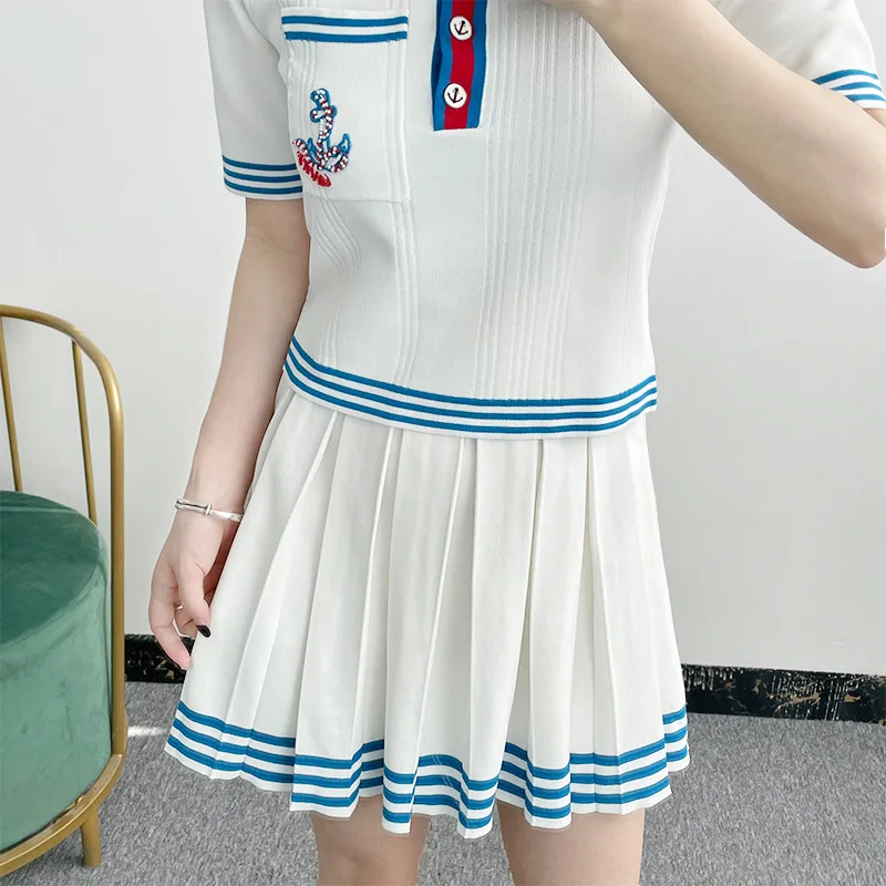 

2024 New Contrasting Sailor Knitted Pleated Short Skirt Summer College Style A-Line Sweet Chic Stunning Fashion Stylish Casual