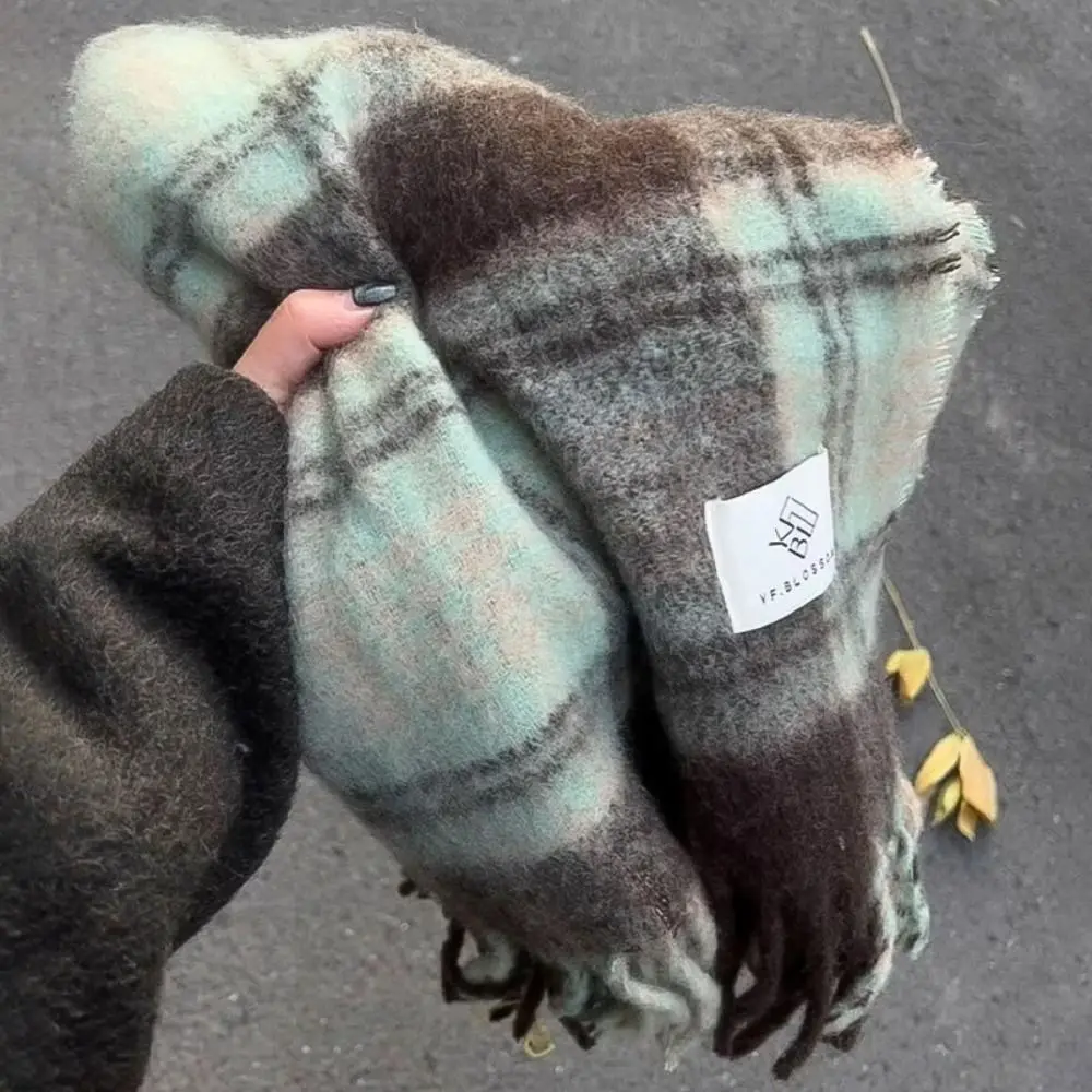 タッセルミントチョコレートカラーチェック柄スカーフカラーマッチングカシミヤショール冬カシミヤスカーフぬいぐるみウールスカーフロングショール