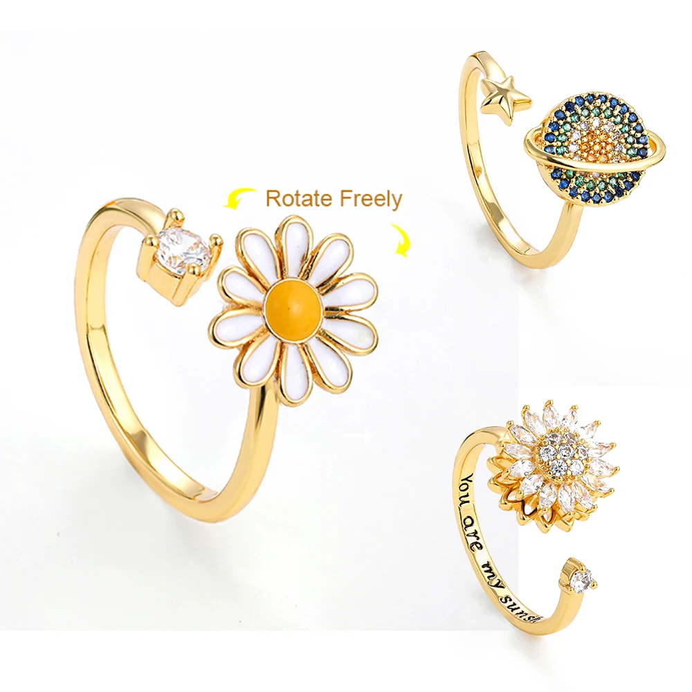 

Delicate CZ Sunflower Daisy Planet Spinner Rings for Women Rotate Freely Anti Stress Anxiety Ring Party Jewelry Birthday Gifts