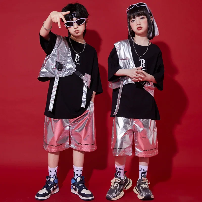 어린이 재즈 댄서 의상 소년을위한 블랙 탑 실버 짧은 조끼 소녀 힙합 패션 streetwear 무대 공연 의상
