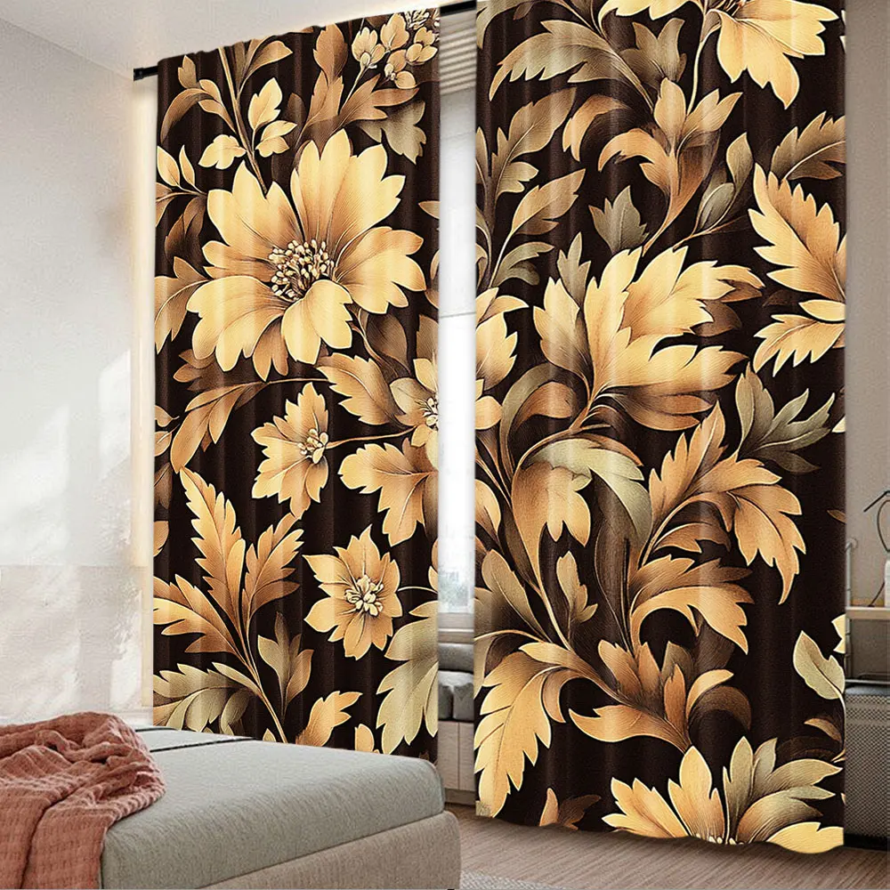 2Pcs Brown Curtain Fall Flourishing Earthy Colors Of Vintage Botanical Bloom Flowers Leaves Curtain Suitable For Bedroom Living