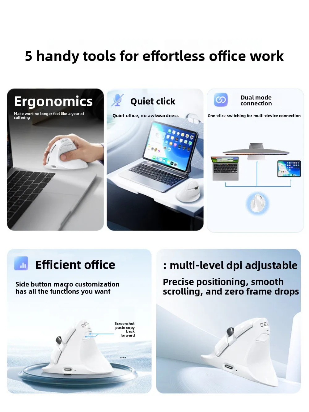 Delux M618 mini Ergonomic Vertical Wireless Mouse Carpal Bluetooth Dual Mode Silent Rechargeable Mice for Small Hands