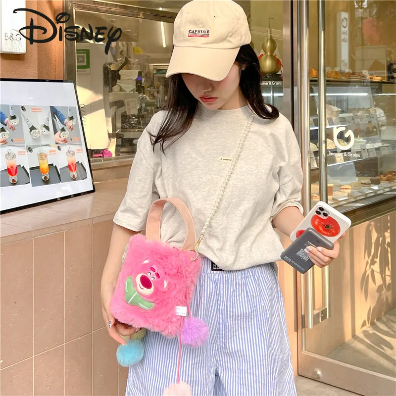 Disney's New Women's Plush Bag Fashion High Quality Pearl Crossbody Bag Cartoon Cute Versatile Round Bucket Handheld Girls' Bag