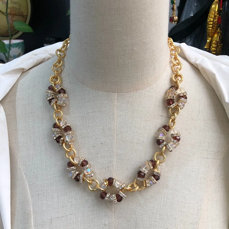 Medieval palace style heavy industry elegant contrasting color crystal beads inlaid glass retro design earrings necklace