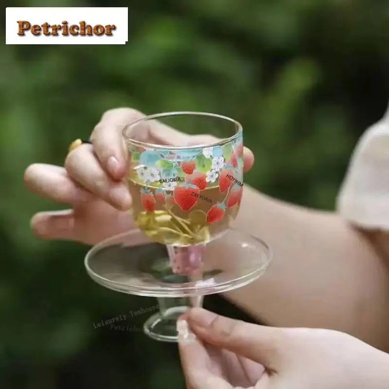 115Ml Creative Strawberry Pattern Glass Tea Cup Green Special Brewing With Holder Set Master Saucer Kung Fu Teaset
