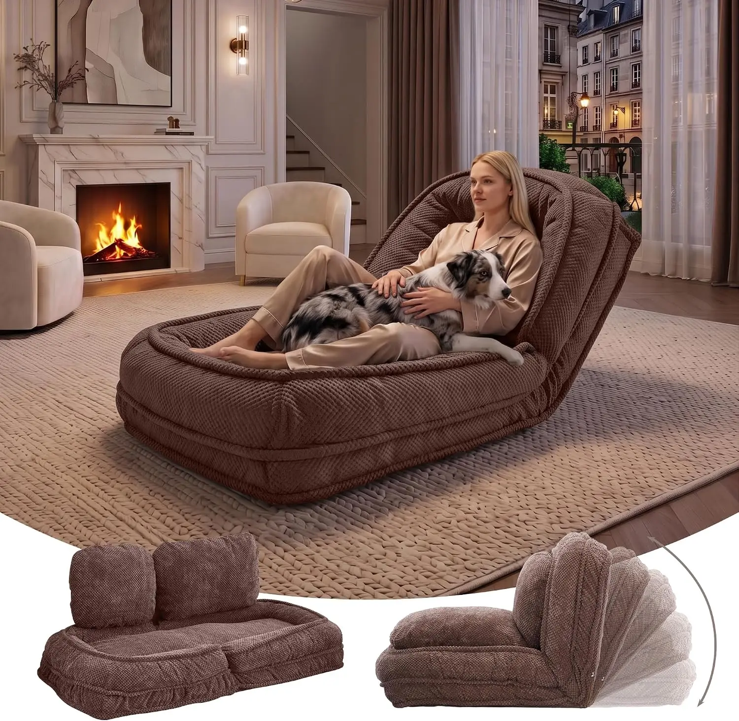 Adjustable Floor Chair with 5-Position Backrest, Plush Lazy Sofa Bed for Gaming, Lounging & Sleeping, Space-Saving Foldable Design