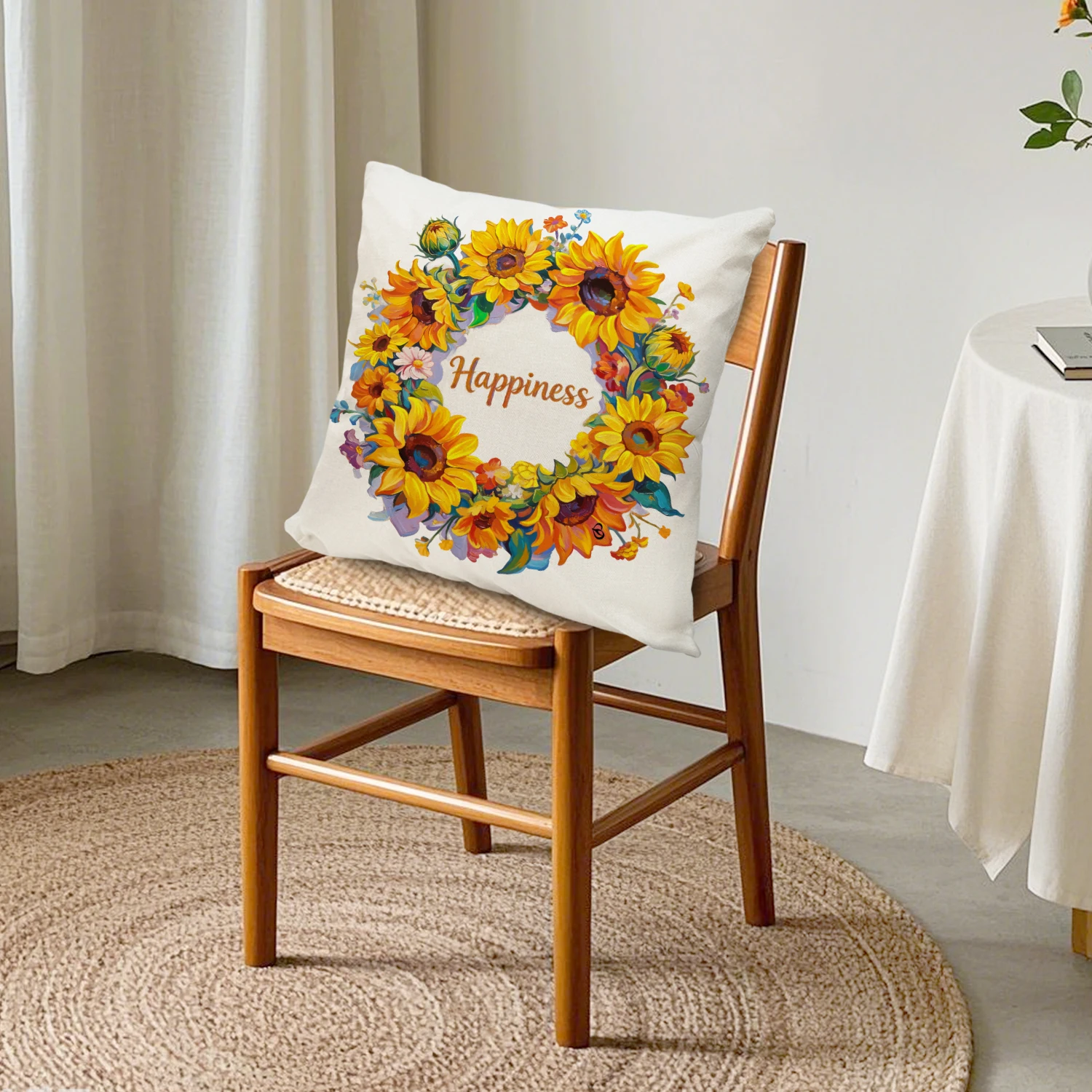 Sunflower Wreath Linen Cushion Cover Oil Painting Floral Decorative Throw Pillow Case Summer Botanical Nature Decor Sofa Bedroom