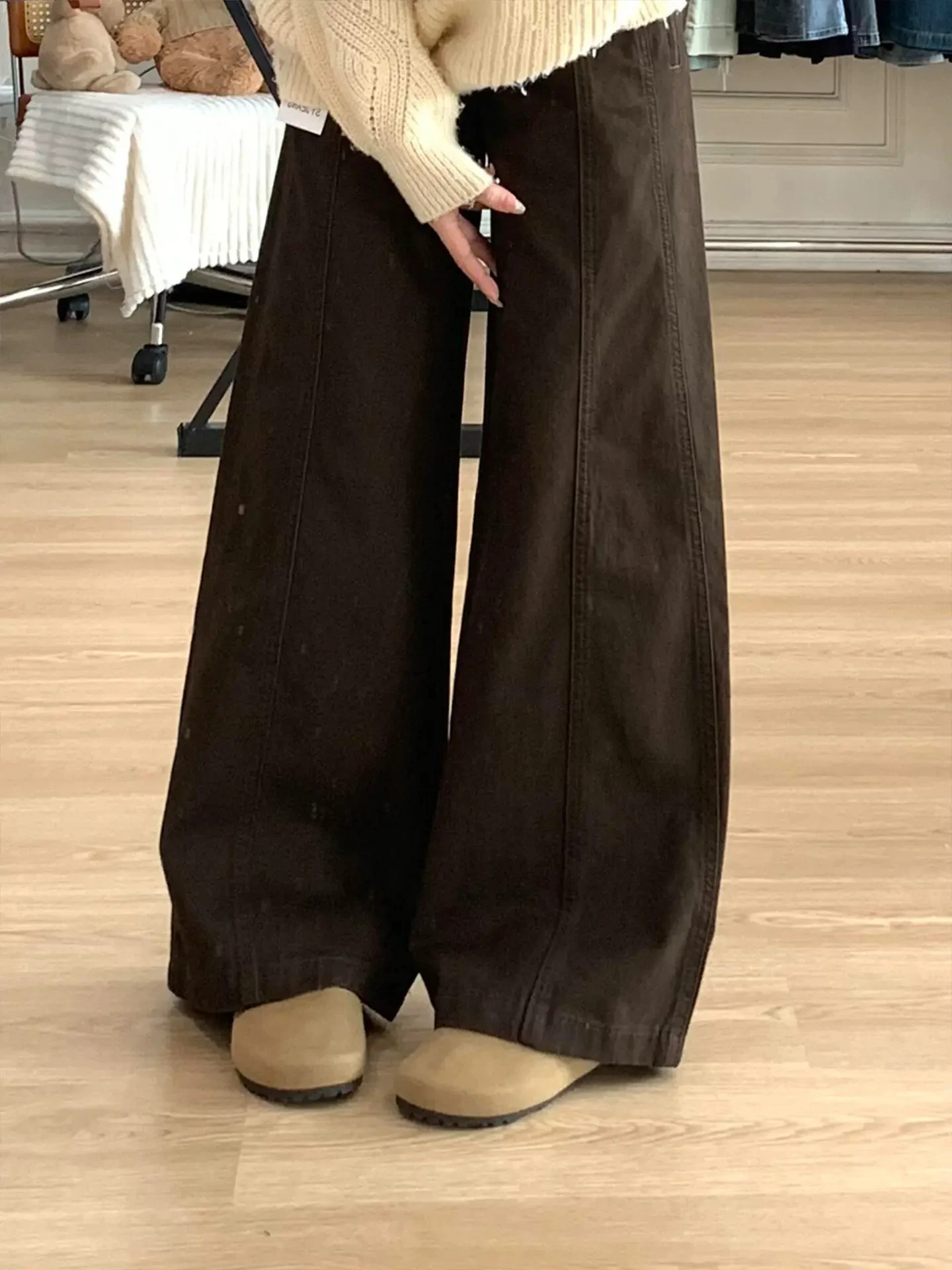 Cafe Brown Wide Leg Denim Jeans Women's High Waist Pear Shape Body Slimming Autumn New plus Size MM Trousers Casual Wear