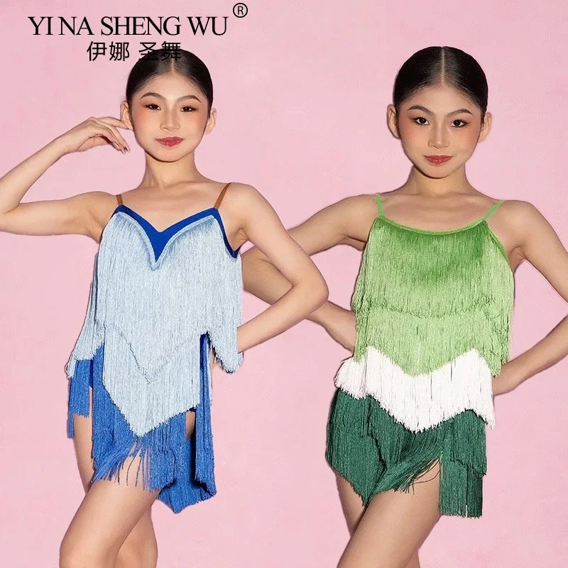 Vestito da ballo latino per bambini Costume da spettacolo senza schienale con frange per ragazze Cha Cha Rumba Samba Abbigliamento da competizione per bambini