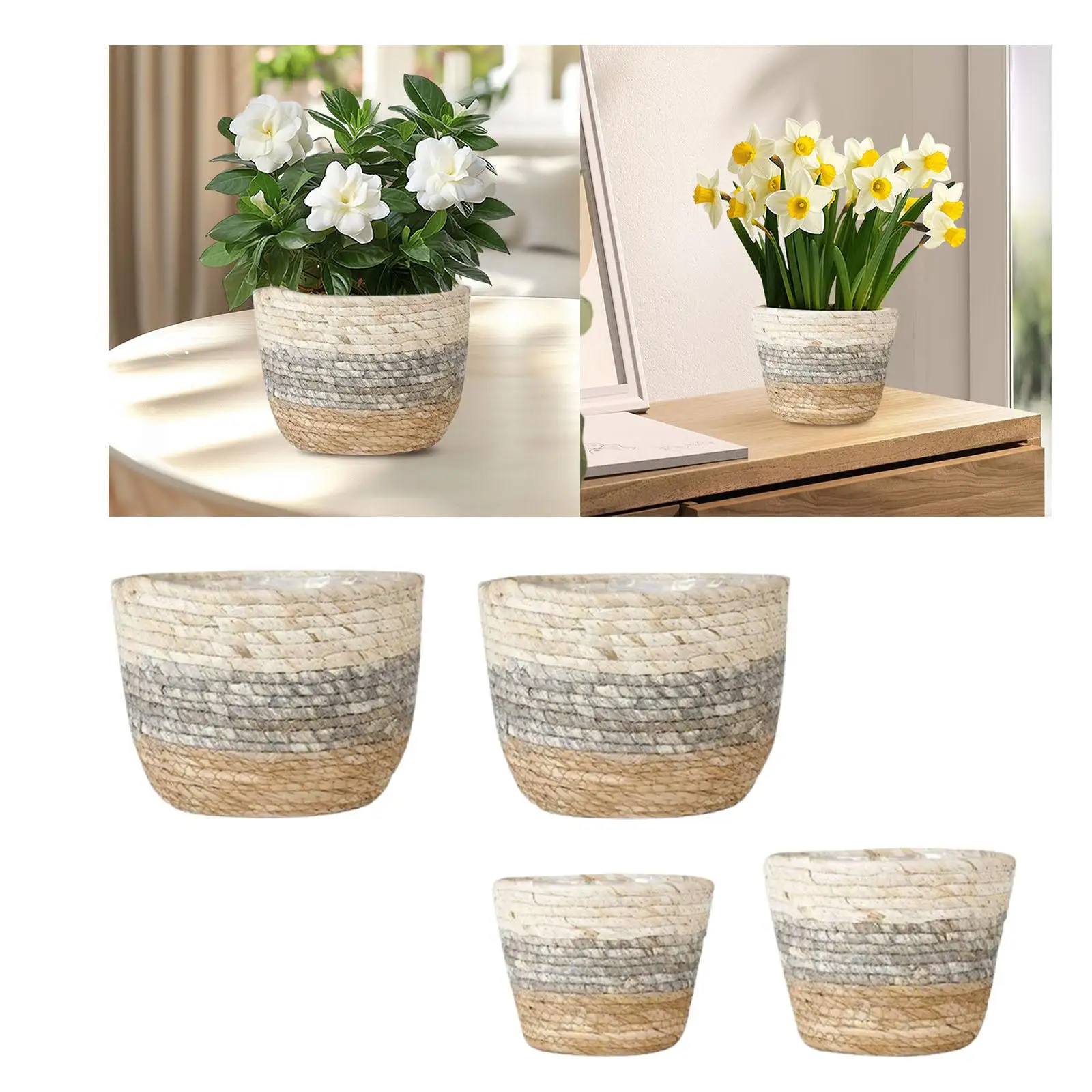 Woven Plant Basket Weaving Plants Basket Farmhouse with Waterproof Liner Storage Organizer Multi Purpose Plant Pot Holder