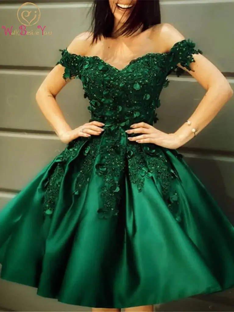 Robe de Bal Verte en Dentelle avec Appliques Florales, Tenue de Soirée Courte en Satin, Décolletée, pour Femme