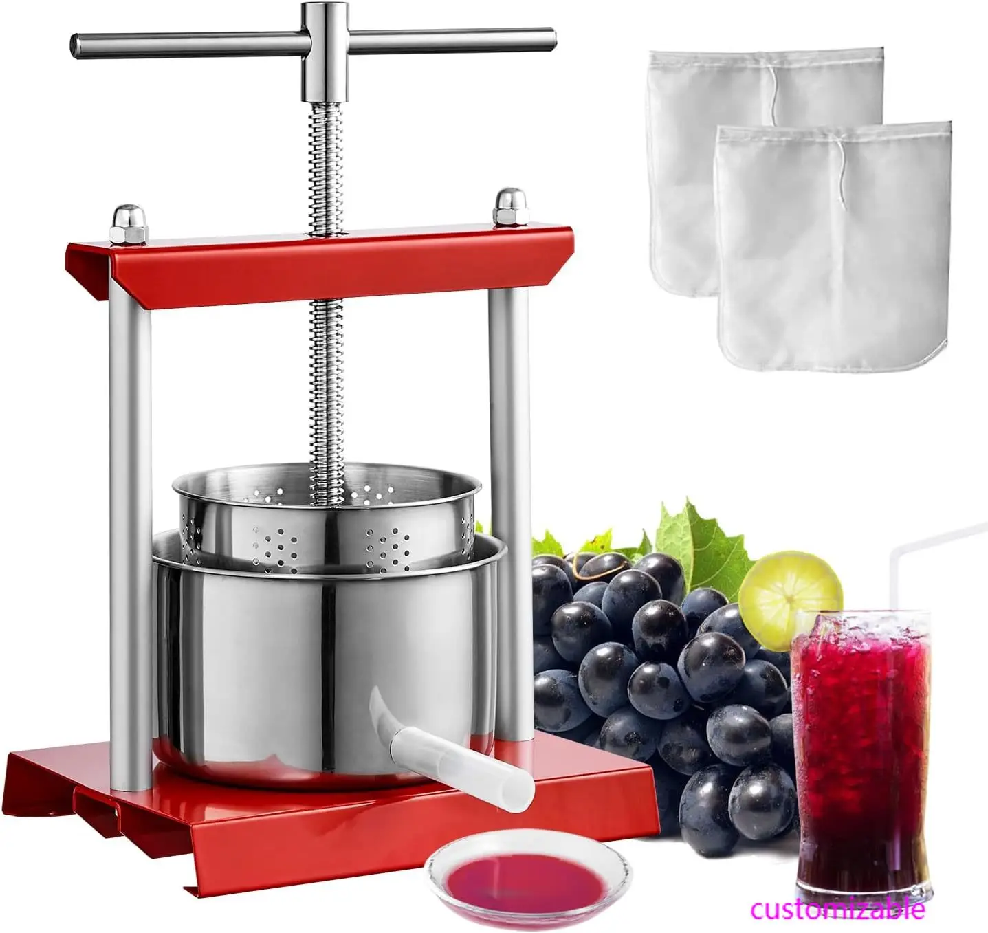 

Fruit Wine Press, 0.53 Gallon/2L, 2 Stainless Steel Barrels, Manual Juice Maker, Cider Apple Grape Tincture Vegetables Honey