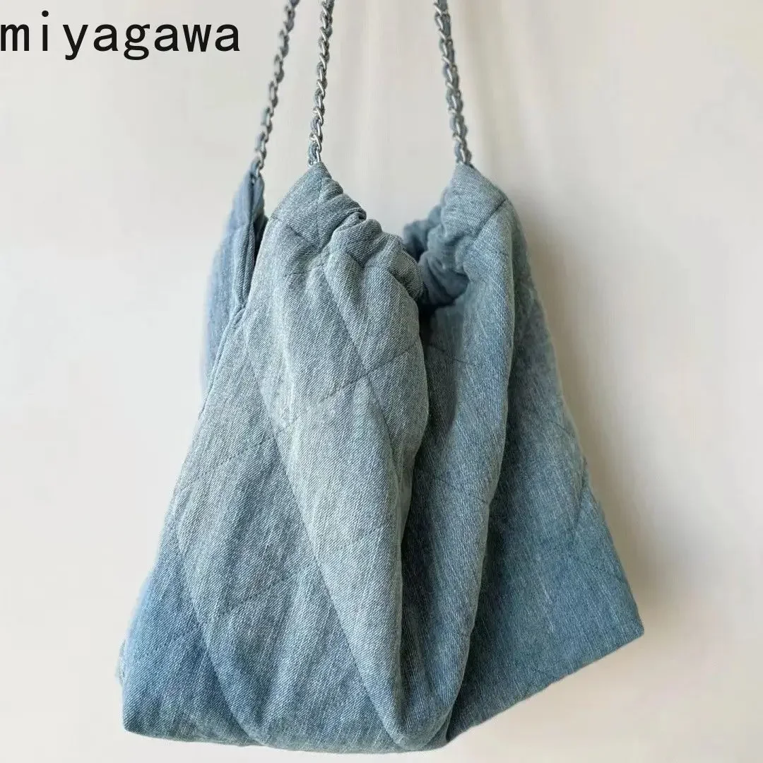 Miyagawa Retro Casual Tote Bag Washed Denim Women Chain Bag 2023 New Autumn Shoulder Bags Female Designer Bag