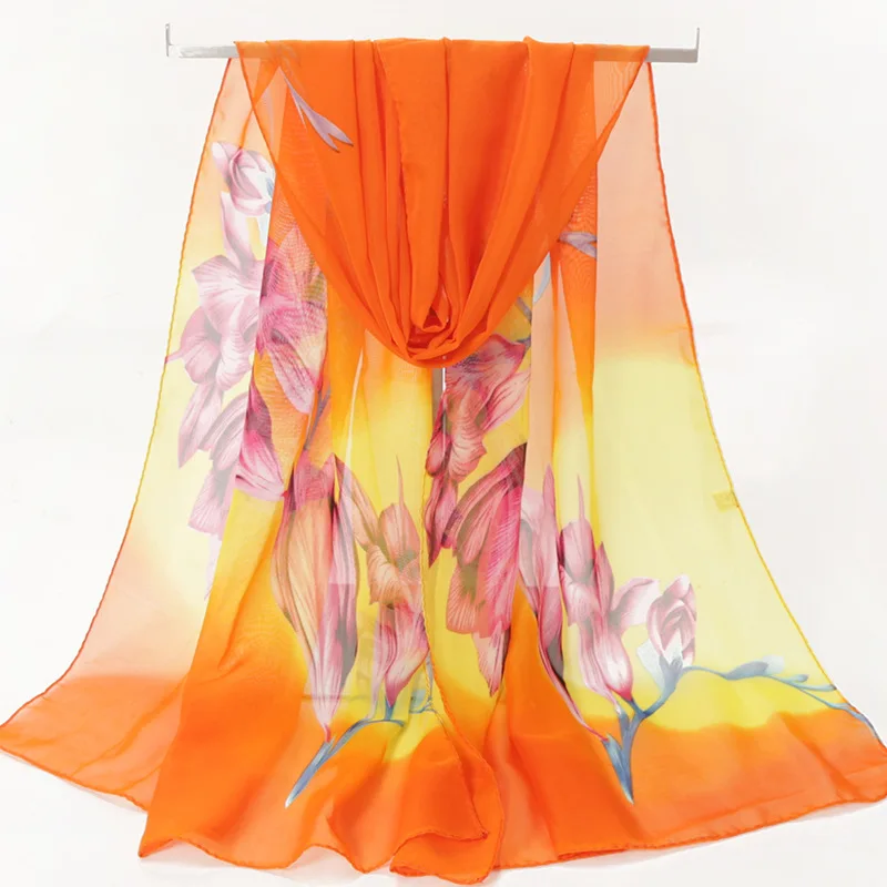 Hanxi 150*50cm macio chiffon impressão floral lenço de seda verão feminino praia envoltório