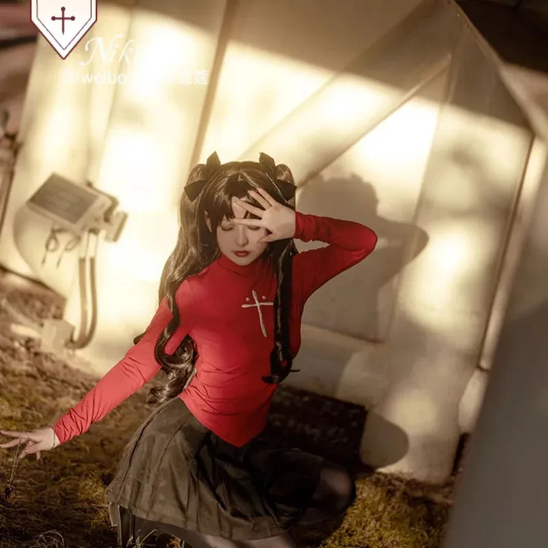 أنيمي لعبة مصير البقاء ليلة Tohsaka رين تأثيري حلي شعر مستعار للنساء قميص أحمر تنورة جوارب كليب x;2,f;5.n;