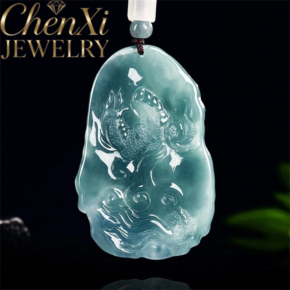 

High-End Natural A-Grade Jade Blue Water Ice Type Zodiac Dragon Pendant Fine Exquisite Gift Best Charms Jewelry Amulets Mascots