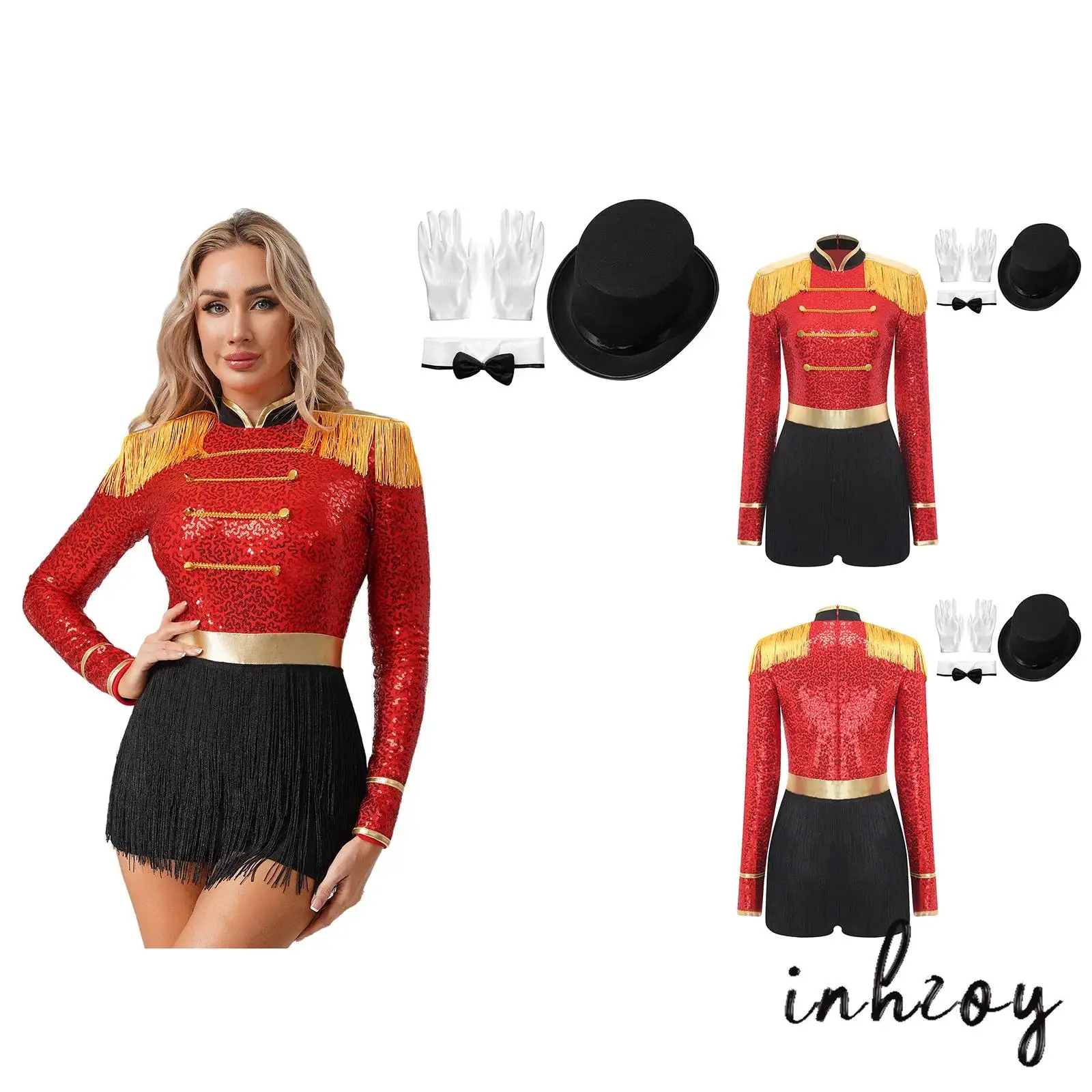 

Womens Halloween Magician Cosplay Costume Tassel Epaulets Gold Trim Tiered Fringe Bodysuit with Hat Bowtie Gloves Circus Outfits