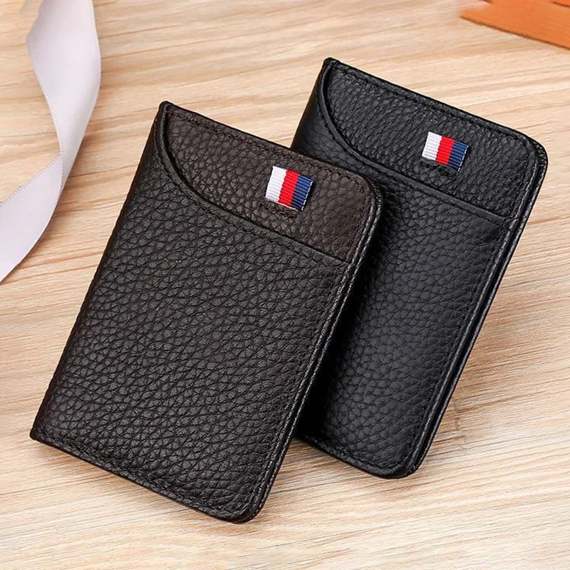 Pebbled genuine leather bi-fold card holder, unisex, multi-slot for cards & ID, slim & sleek, portable for work & gift.