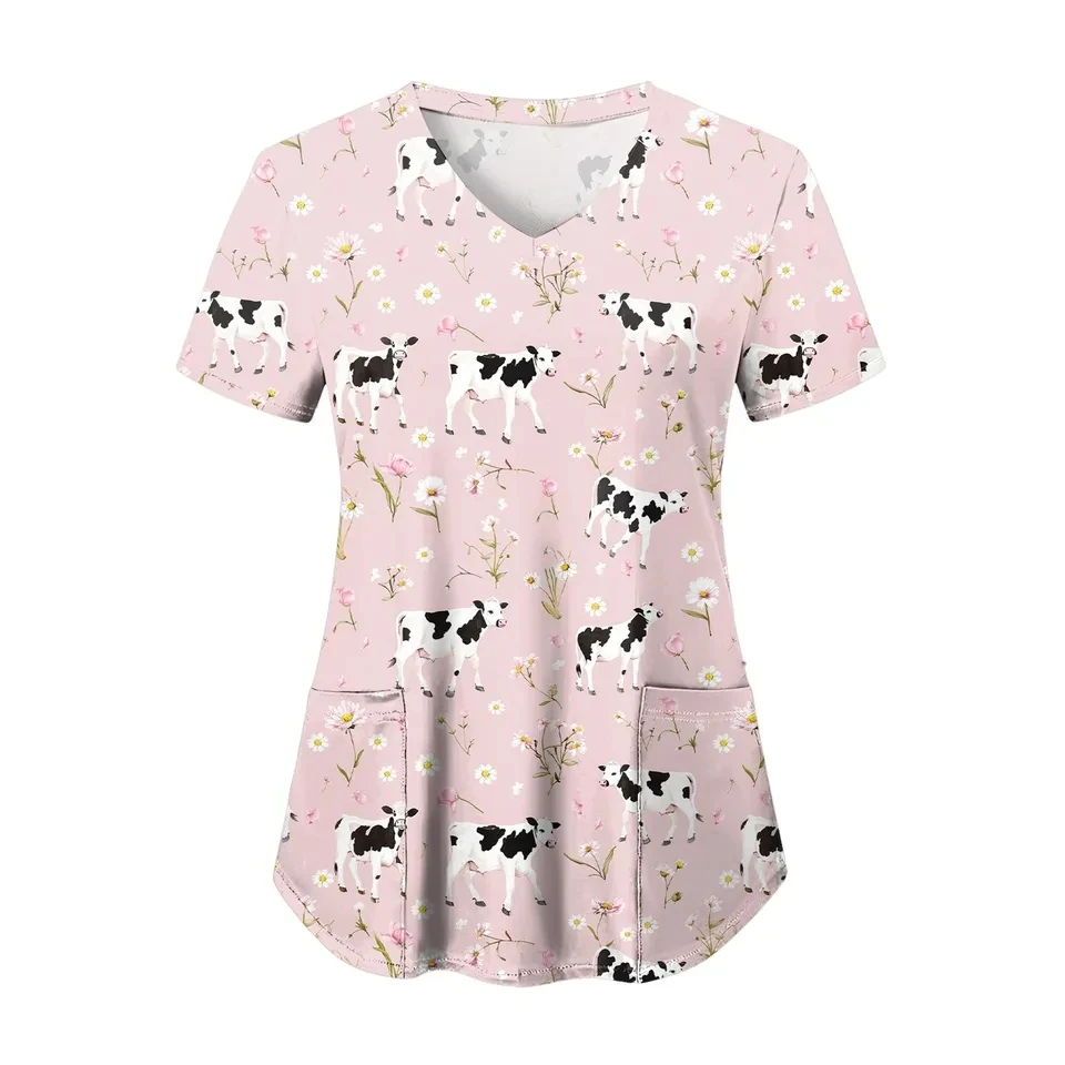 

Scrubs Uniforms Woman Cute Cow Cartoon Print Surgical Uniforms V-Neck Short Sleeve Tops Pet Nursing Uniforms For Women Clothing