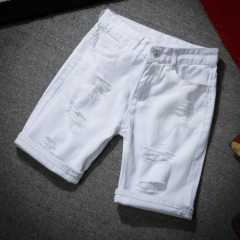 Men White Denim Shorts New Summer Men Holes Casual Shorts Jeans Men Cotton Solid Slim Fit Shorts Pants Knee Length Pants