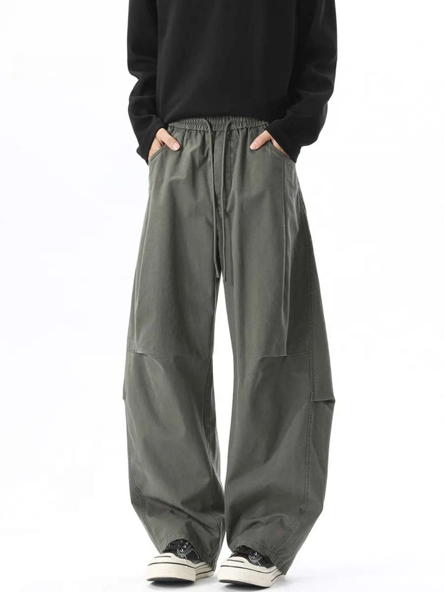 American Style Military Green Work Pants Men's Spring Loose Wide Leg Casual Cotton Long Trousers Straight Cut Trousers