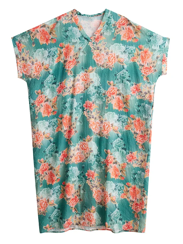 Vestido de Aodão e Linho até o Joelho, Decote em V, Estampado, Solto, Manga Curta, Vestido de Verão em Forma de H para Uso ...