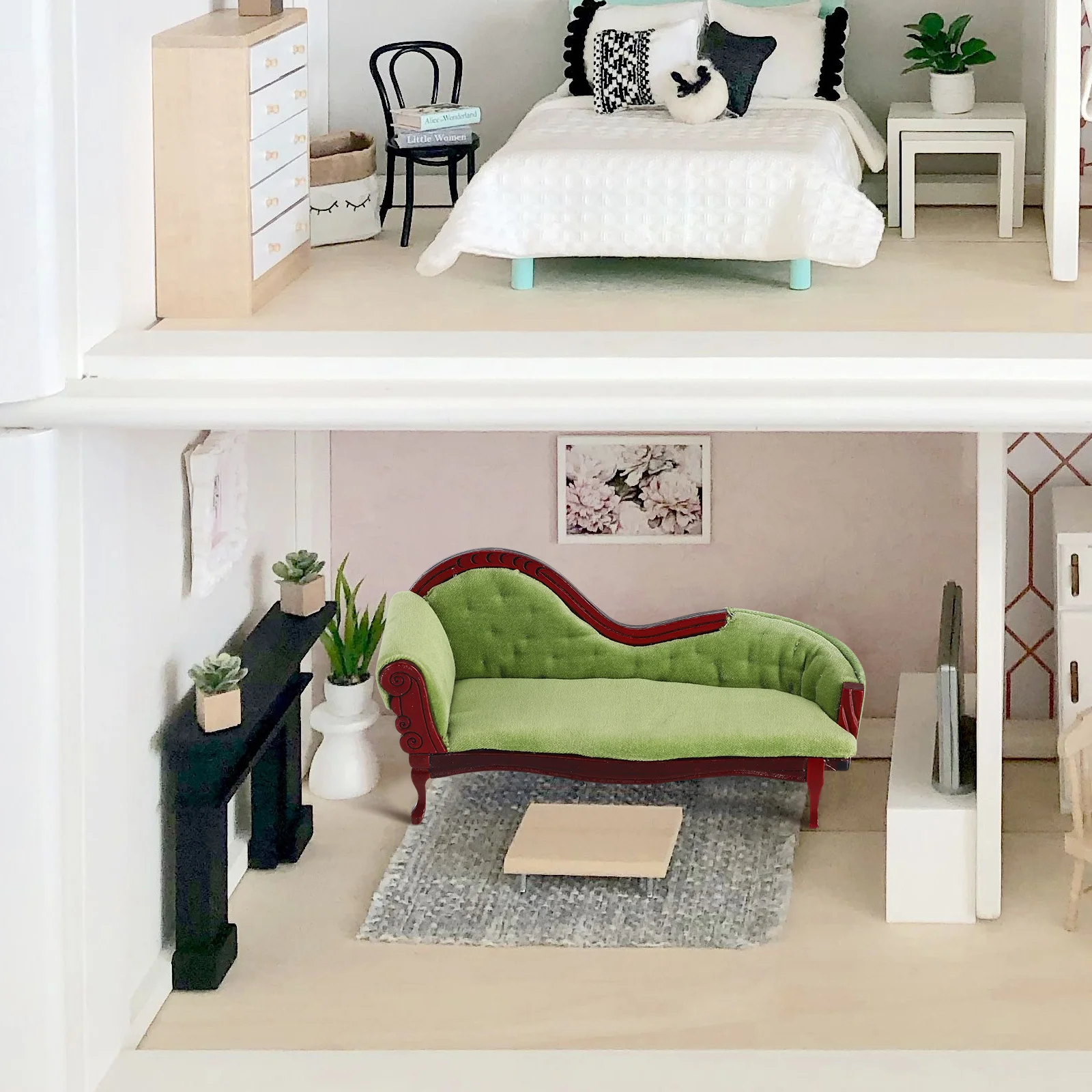 Casa de adornos, sofá de princesa, casa de muñecas verde bebé, sofá, sillón, Mini muebles de abedul en miniatura