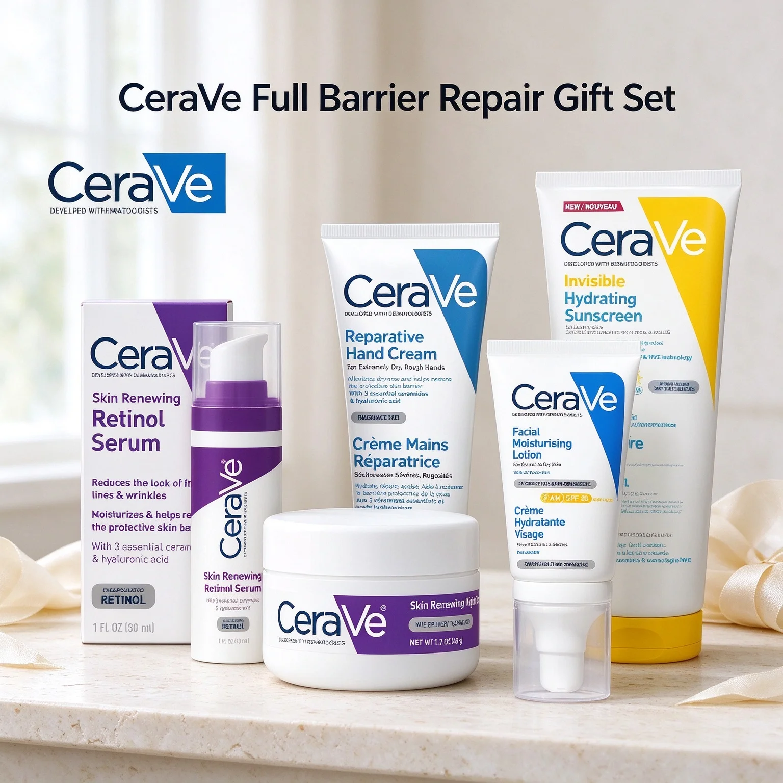 CeraVe 5 in1 Skincare Bundle Hand Cream+Retinol Serum+Night Cream+SPF50 Sunscreen+AM Lotion For Dry Rough Skin