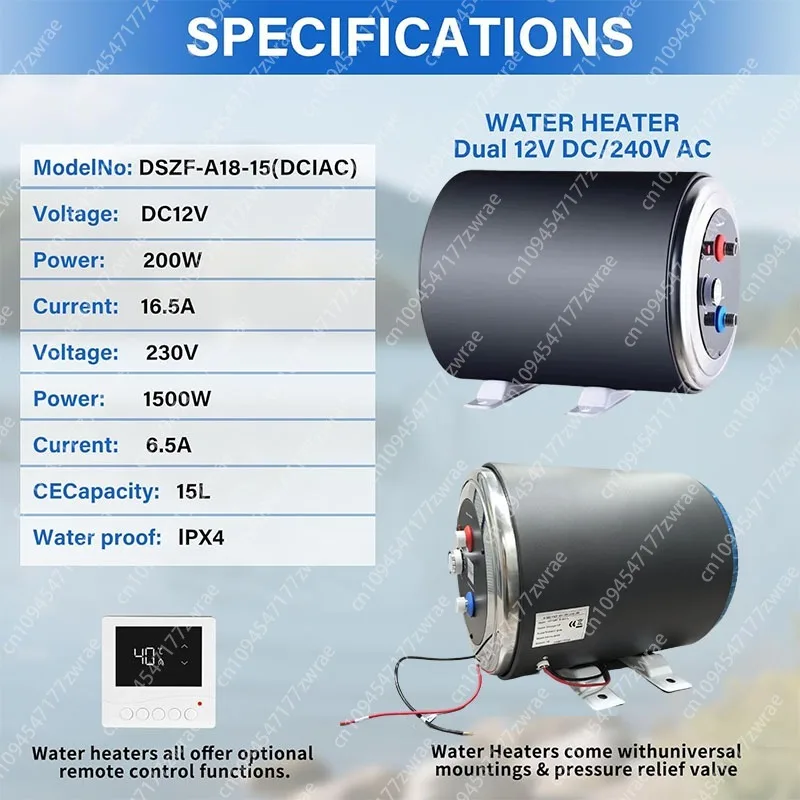 15L 1500W RV Electric Water Heater w/LED Display IPX4 Waterproof Quick Hot Water for RV Showers Kitchen Use Easy Installation