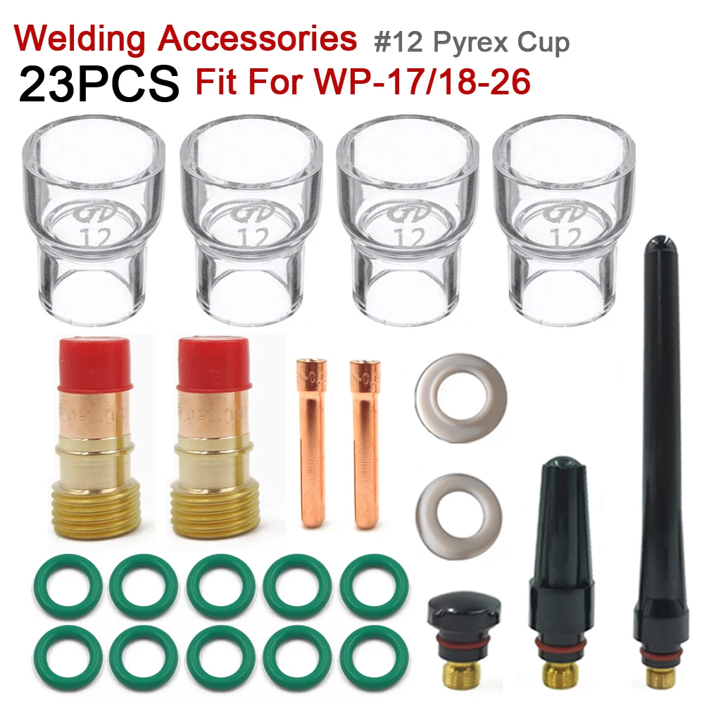 

23PCS TIG Stubby Gas Lens TIG Collet #12 Glass Cup TIG Gas Lens Alumina Nozzle Kit for DB SR WP 17/18/26 TIG Welding Accessories