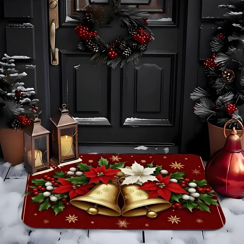 1pc 2D Flat Christmas Rug, Golden Bells Poinsettia Holly Berries Red Background Print, Machine Washable, Soft, for Entryway