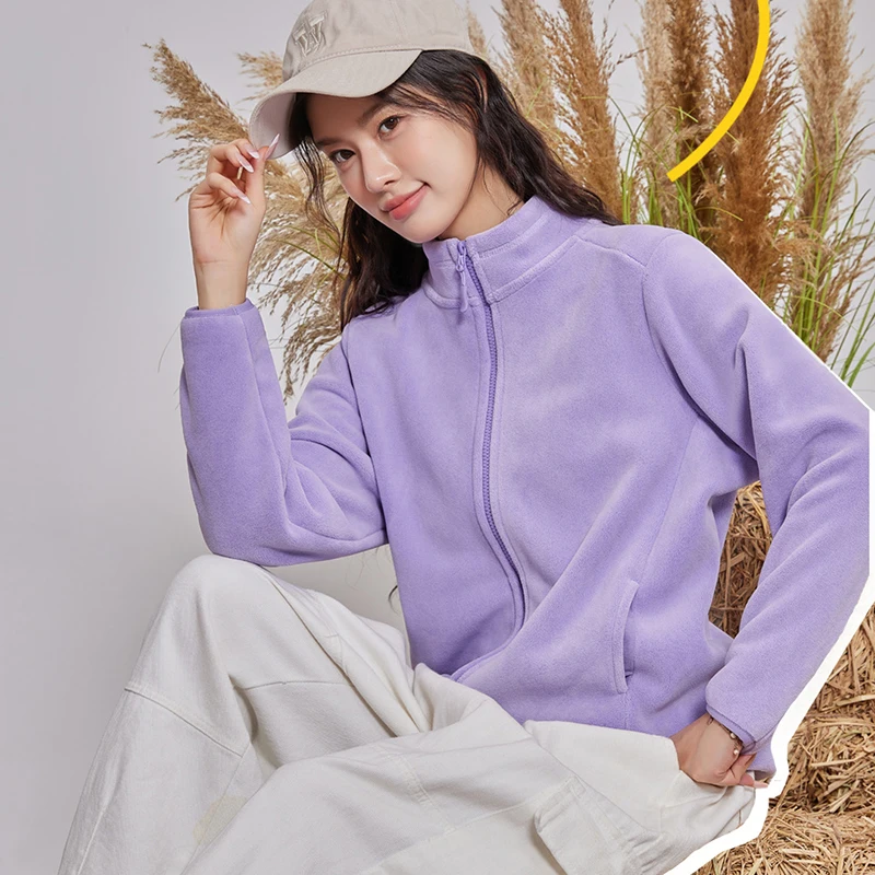 New Stand Collar Warm Polar Fleece Jacket Women Autumn Winter Long Sleeve Zip Up Coats Woman All Match Pocket Solid Plush Jacket