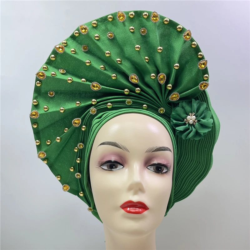 

Африканский нигерийский гелевый головной убор с каменной бусиной уже изготовленный авто тюрбан афро aso ebi gel aso oke широкий br im головной убор 9л 0331101