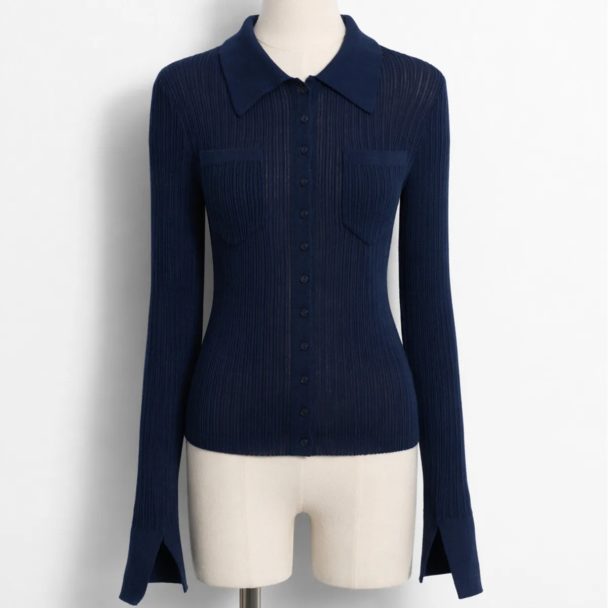 IG 2026 Women's Ribbed  Down Cardigan, Point Collar Long Sleeve Slim Fron Button Closure Pocket Detail Elegant  Sweater Top view 4