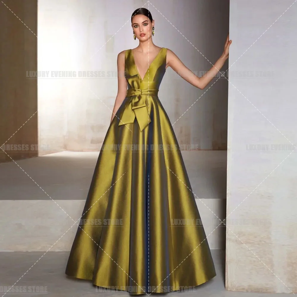 Simple Arabic Elegant Bow Evening Dresses For Woman Sexy A Line Deep V Neck Pleat Satin Formal Beach Party Prom Gowns Vestidos