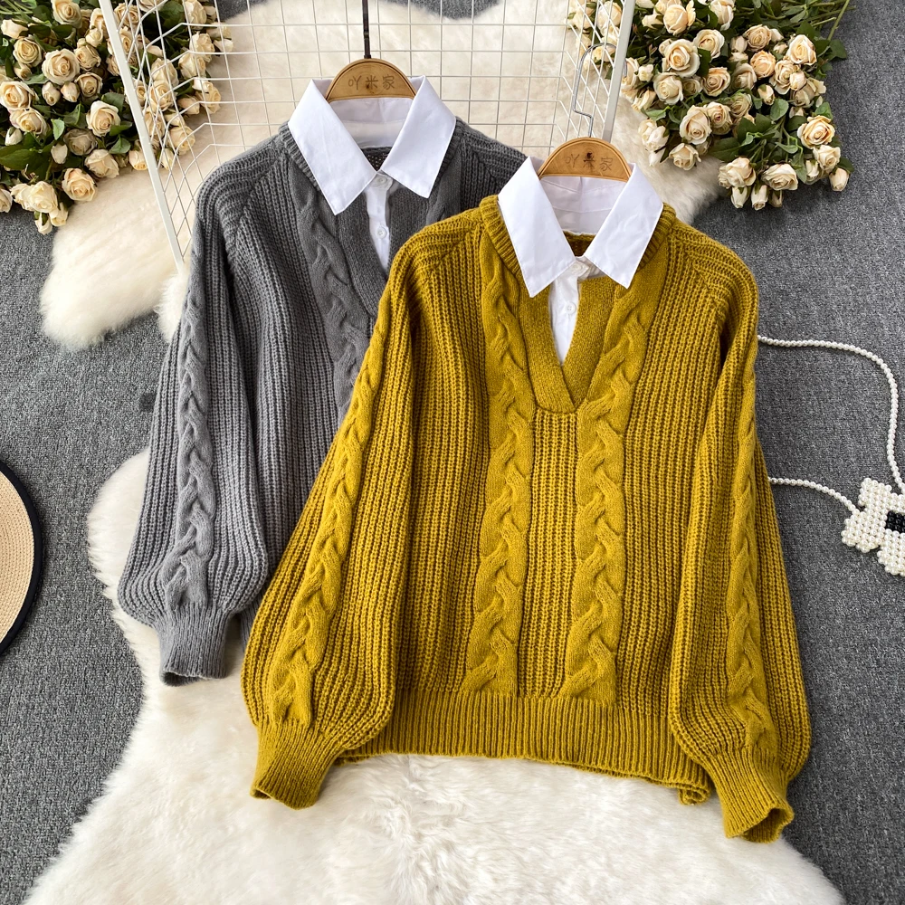 

Fashion Fake Two Pieces Polo Collar Sweater Women 2023 Autumn Winter Korean Design Loose Fried Dough Twists Knit Top