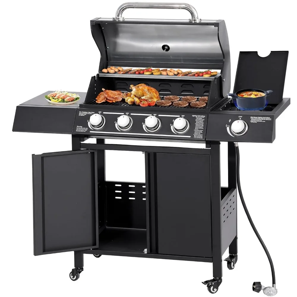4-Burners Propane Gas Grill with Side Burner, 50,000 BTU Outdoor BBQ Grill, Cast Iron Cooking Grate with Wheels for, Customized
