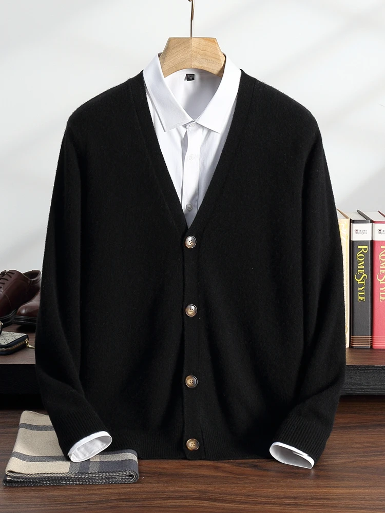 

Толстый кардиган, мужской базовый свитер из 100% кашемира с v-образным вырезом, осень-зима, новинка 2025 года, теплая мягкая повседневная свободная одежда, топы