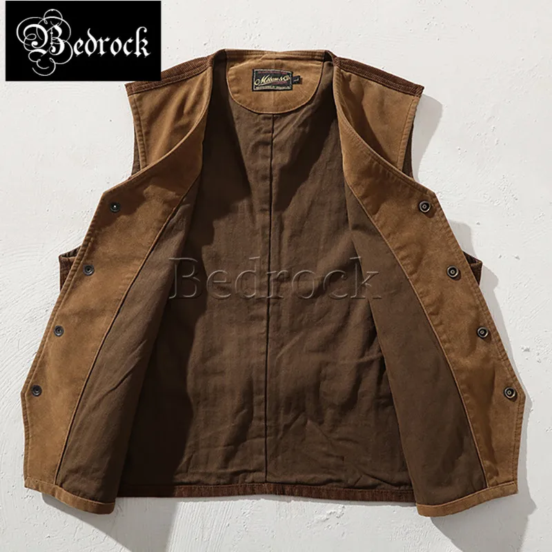 MBBCAR Suede Patchwork Corduroy Hbt Lining Retro Double Pocket Vest Buckle Back Slim Short Solid Color  V-neck Western Vest 3149