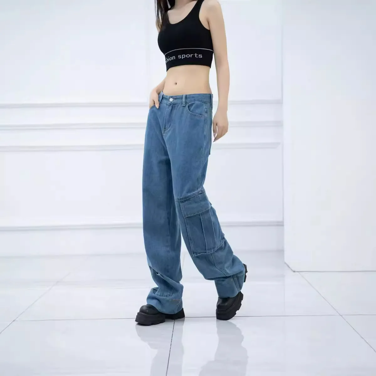 Amerykańskie spodnie retro New Washed Denim z wieloma kieszeniami Denim Tooling Casual Pants Women