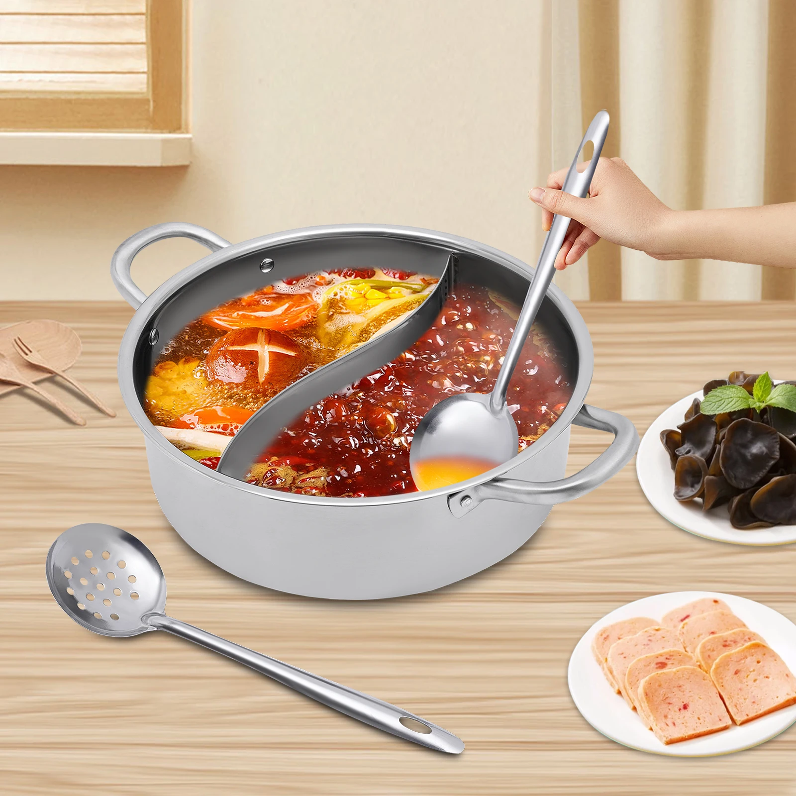 وعاء ساخن بمقصورة مزدوجة من الفولاذ المقاوم للصدأ 304 مقاس 118 بوصة مع غطاء زجاجي وأواني للطبخ العائلي بنكهتين للحساء في وقت واحد