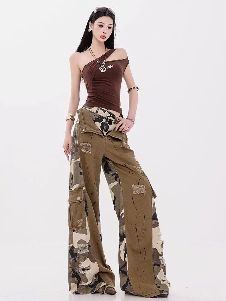 Celana Kerja Musim Panas Tipis Model Slim Fit Straight Leg Motif Kamuflase Amerika, Celana Lebar Gaya High Street, Celana Kasual Fashion Remaja