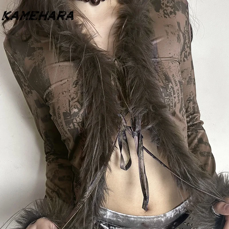 

KAMEHARA Y2K Millennium Spicy Girl Hair Collar Splicing Printed Knitted Shirt Retro Slimming Spicy Girl Blouses Female ブラウス シフォン