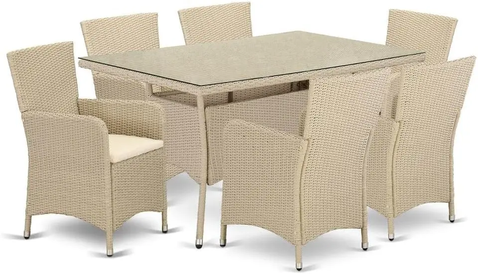 

7-53V Valencia 7 Piece Outdoor Wicker Patio Furniture Sets Consist of a Rectangle Bistro Dining Table with Glass Top