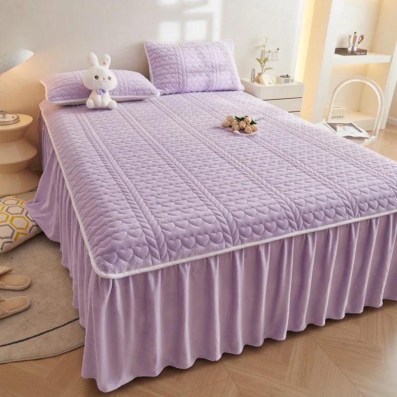 Autumn and Winter Thickening Milk Fiber Quilted Bed Skirt Three-Piece Bedspread Dustproof Coral Fleece Mattress Cover